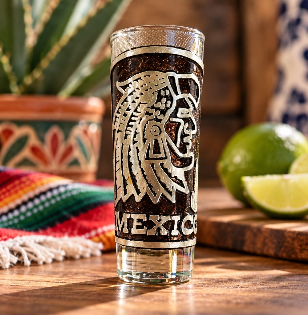 Vintage Mexico Souvenir Shot Glass Aztec Warrior Metal Wrap 4" Collectible VG